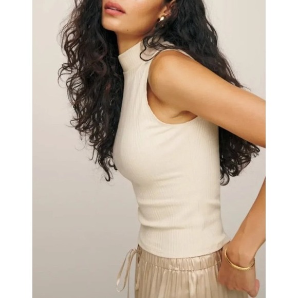 Reformation Tops - Reformation Lunette Knit Top Cream Ribbed Mock Neck Tank Top XS Made in USA